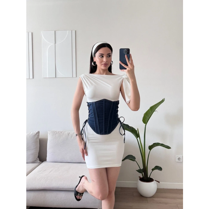 Bel Korse Detay Elbise - BEYAZMAVİ