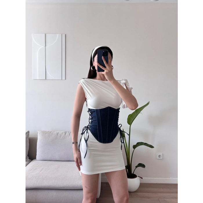 Bel Korse Detay Elbise - BEYAZMAVİ