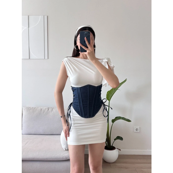 Bel Korse Detay Elbise - BEYAZMAVİ