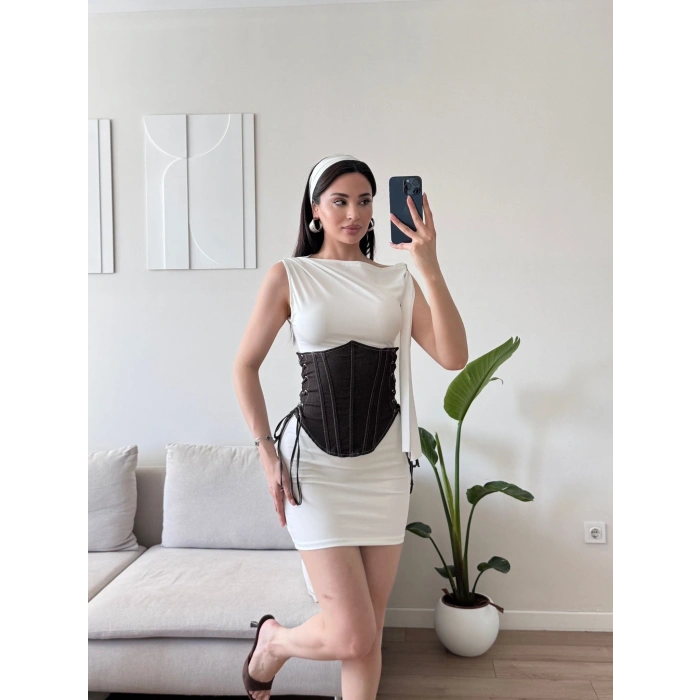 Bel Korse Detay Elbise - BEYAZSİYAH