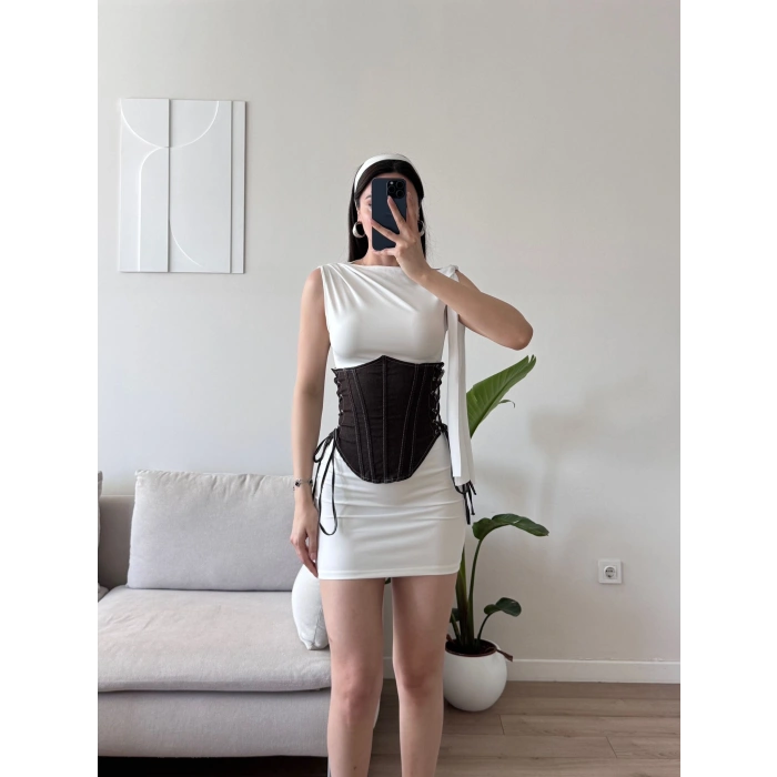 Bel Korse Detay Elbise - BEYAZSİYAH