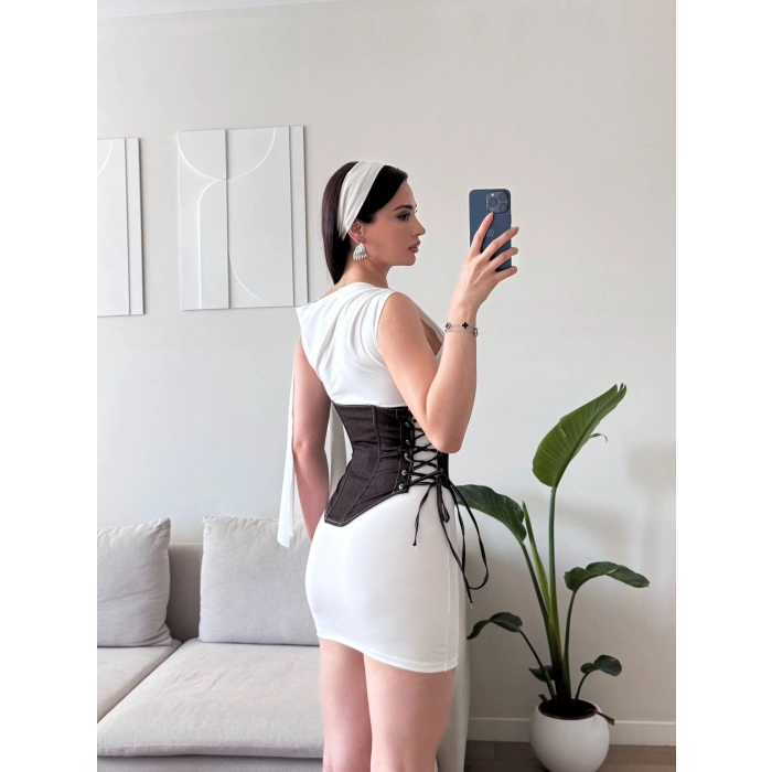 Bel Korse Detay Elbise - BEYAZSİYAH