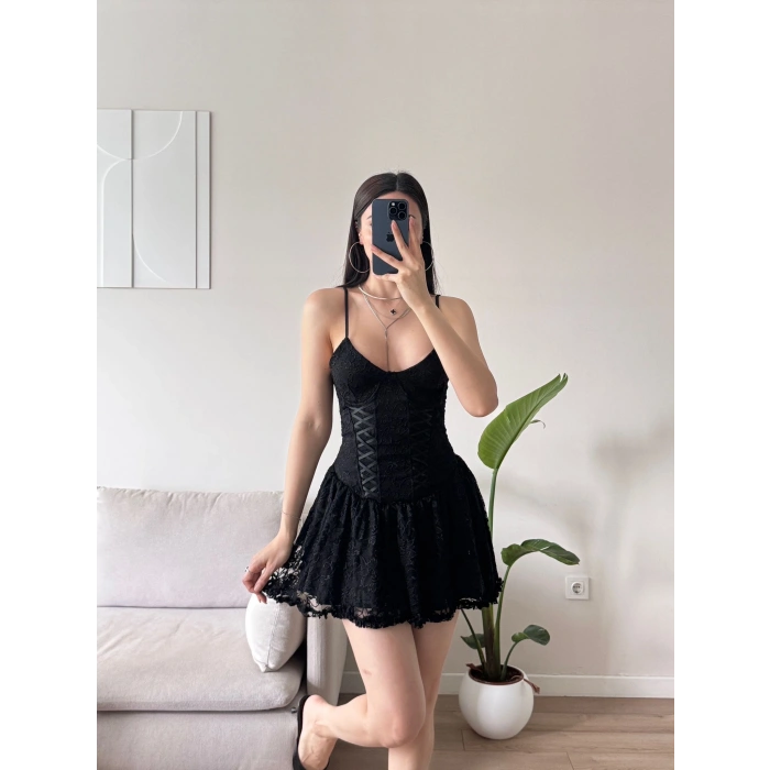 Bel Korse Güpürlü Elbise - SİYAH