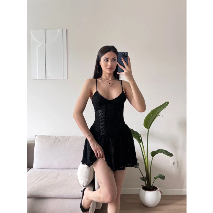 Bel Korse Güpürlü Elbise - SİYAH