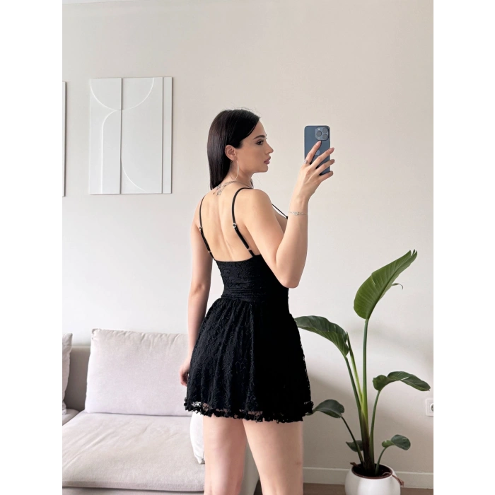 Bel Korse Güpürlü Elbise - SİYAH