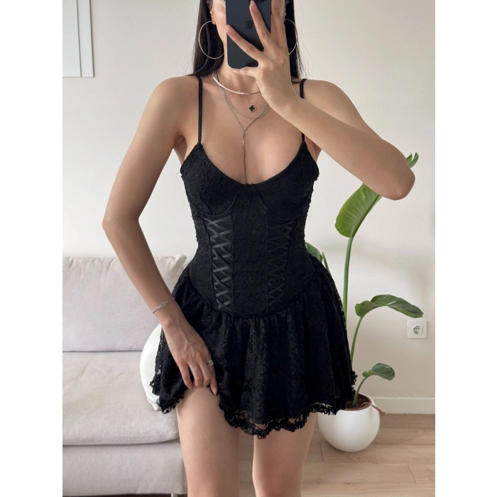 Bel Korse Güpürlü Elbise - SİYAH