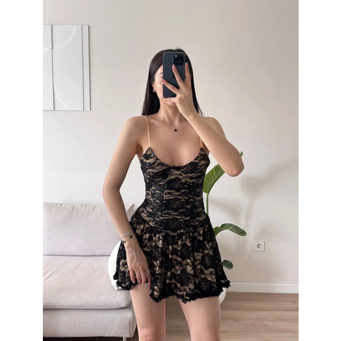 Bel Korse Güpürlü Elbise - KAHVE