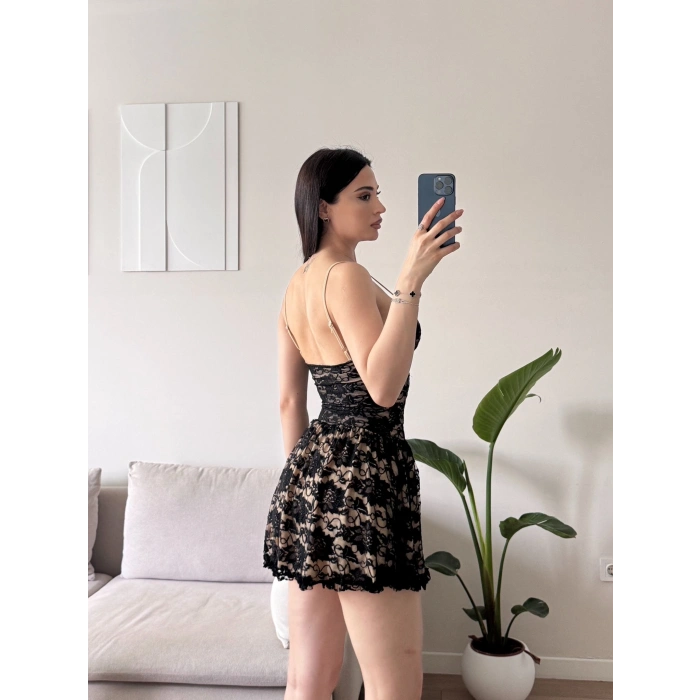 Bel Korse Güpürlü Elbise - KAHVE