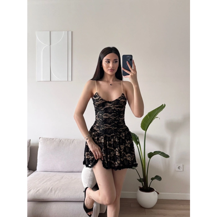 Bel Korse Güpürlü Elbise - KAHVE