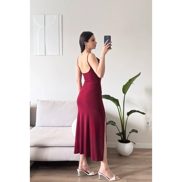 Askılı Derin Yırtmaç Elbise - BORDO