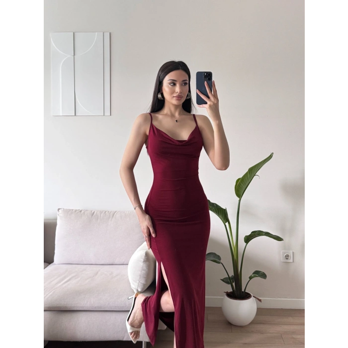 Askılı Derin Yırtmaç Elbise - BORDO