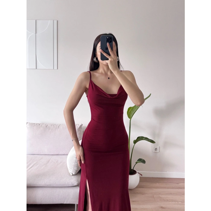 Askılı Derin Yırtmaç Elbise - BORDO