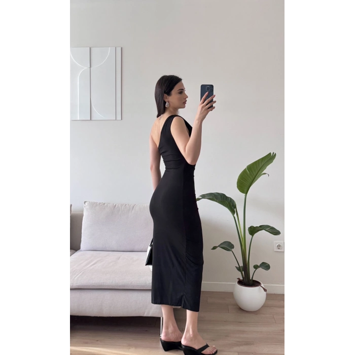 Omuz Detay Drapeli Elbise - SİYAH