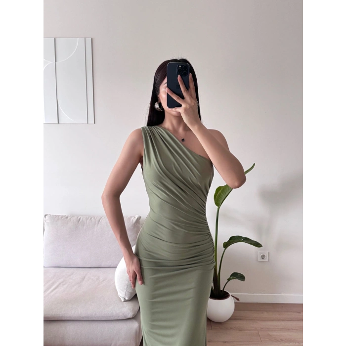 Omuz Detay Drapeli Elbise - YEŞİL