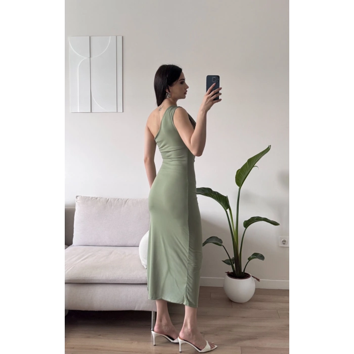 Omuz Detay Drapeli Elbise - YEŞİL