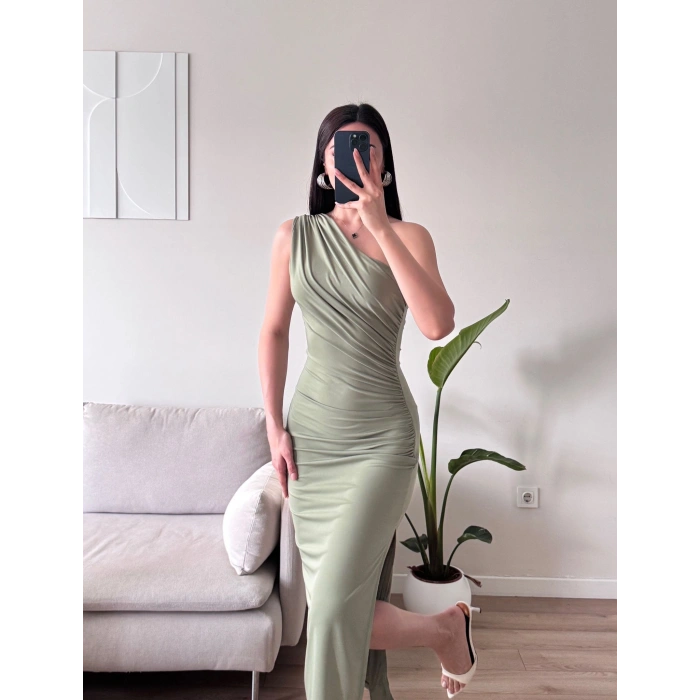 Omuz Detay Drapeli Elbise - YEŞİL