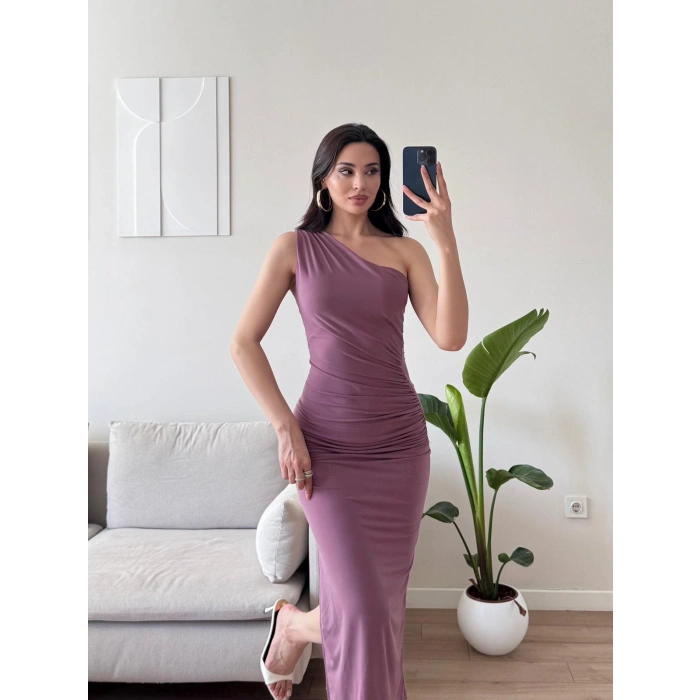 Omuz Detay Drapeli Elbise - GÜL KURUSU