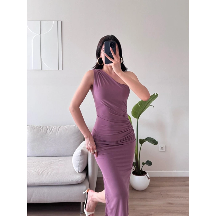 Omuz Detay Drapeli Elbise - GÜL KURUSU