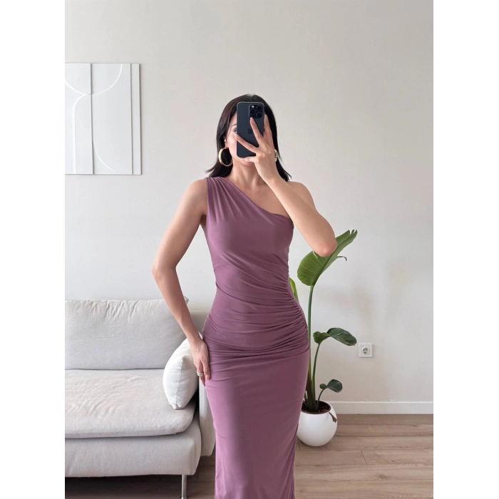 Omuz Detay Drapeli Elbise - GÜL KURUSU