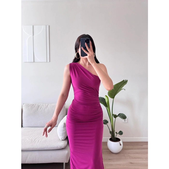 Omuz Detay Drapeli Elbise - FUŞYA