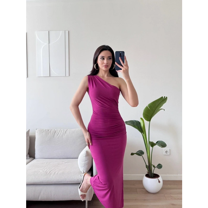 Omuz Detay Drapeli Elbise - FUŞYA