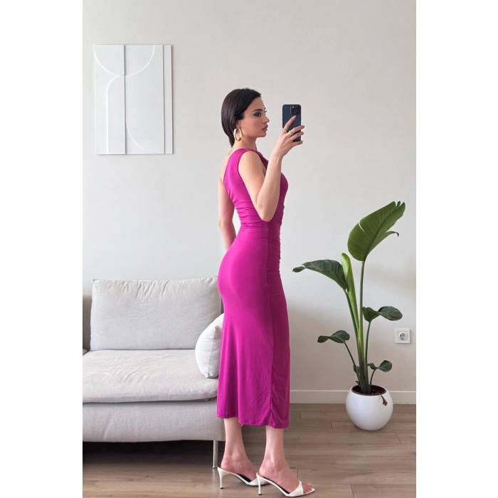 Omuz Detay Drapeli Elbise - FUŞYA