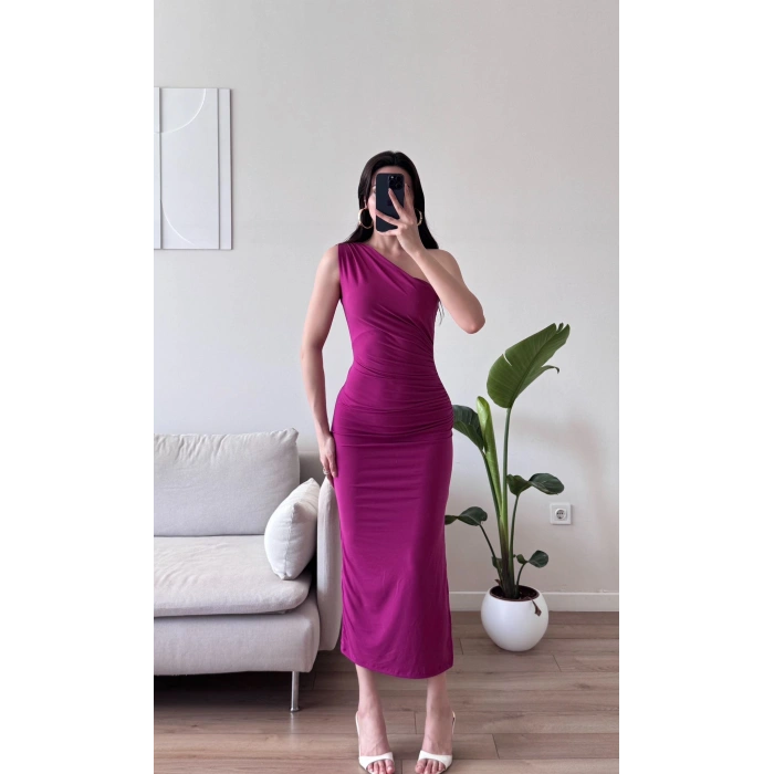 Omuz Detay Drapeli Elbise - FUŞYA