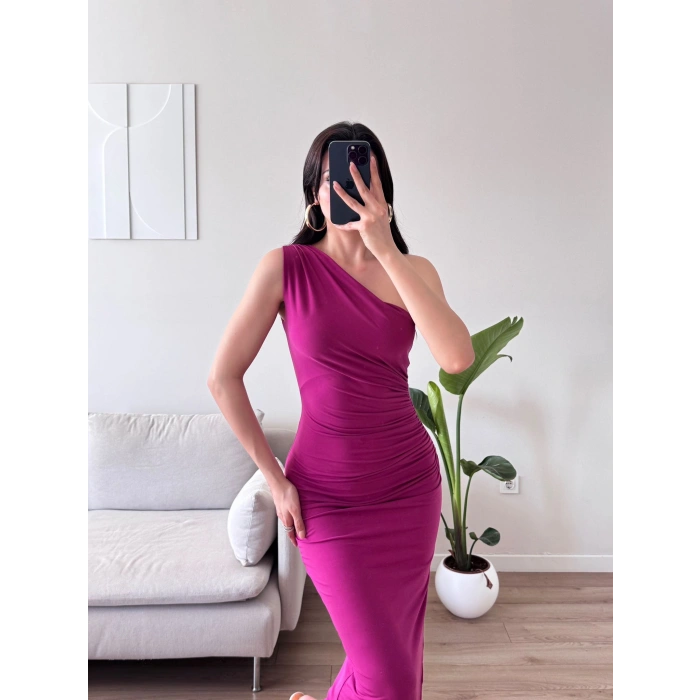Omuz Detay Drapeli Elbise - FUŞYA