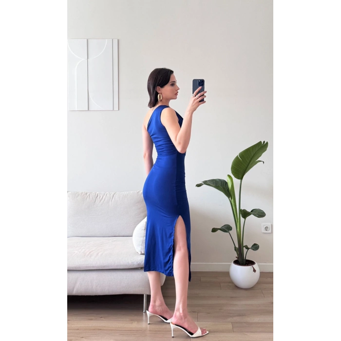 Omuz Detay Drapeli Elbise - SAKS MAVİSİ