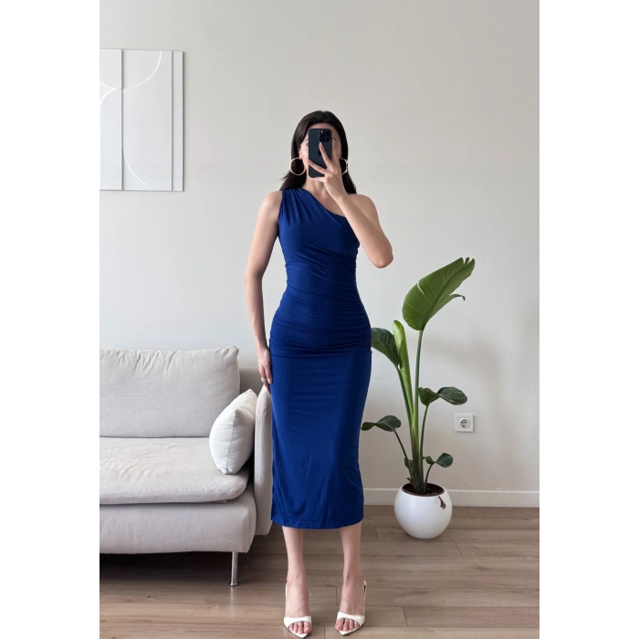 Omuz Detay Drapeli Elbise - SAKS MAVİSİ