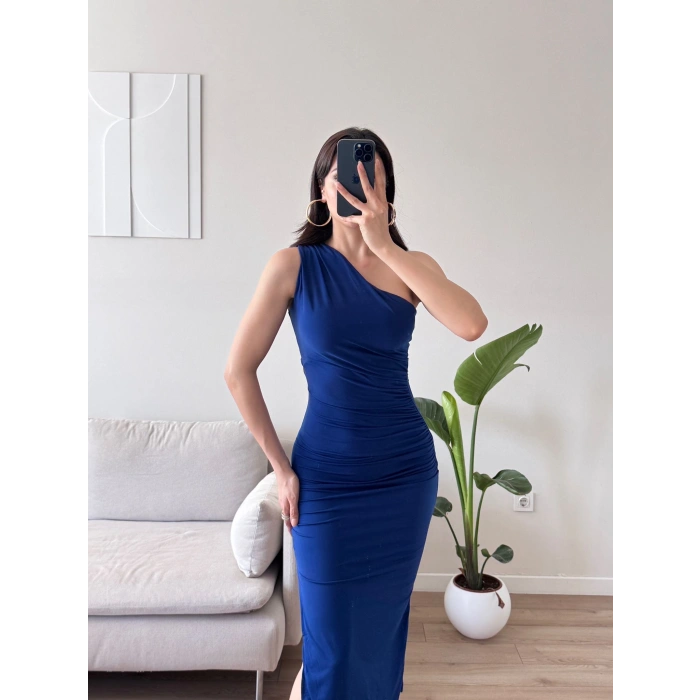 Omuz Detay Drapeli Elbise - SAKS MAVİSİ