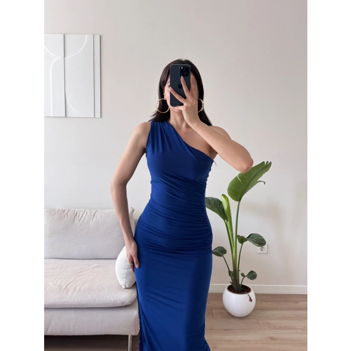 Omuz Detay Drapeli Elbise - SAKS MAVİSİ