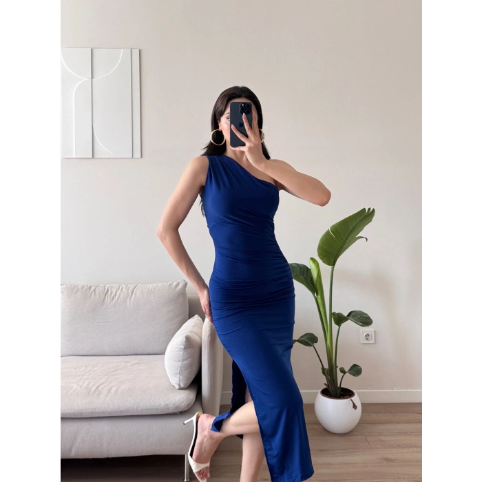 Omuz Detay Drapeli Elbise - SAKS MAVİSİ
