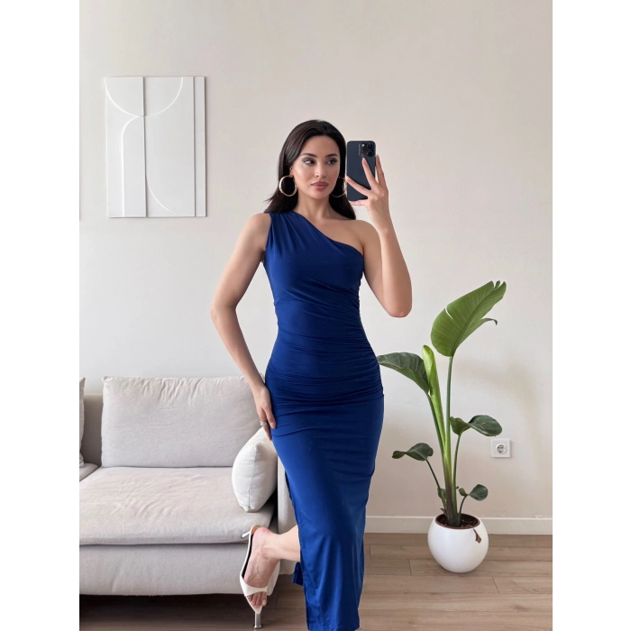 Omuz Detay Drapeli Elbise - SAKS MAVİSİ