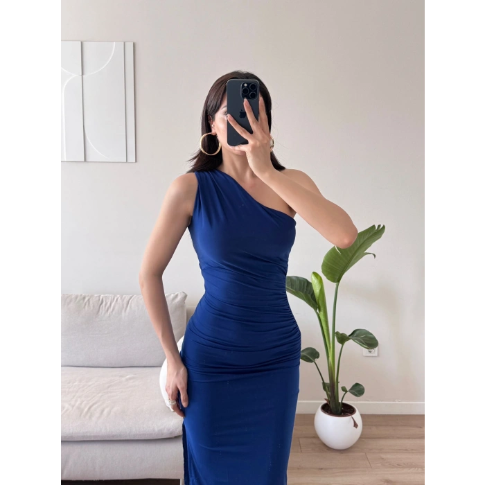 Omuz Detay Drapeli Elbise - SAKS MAVİSİ