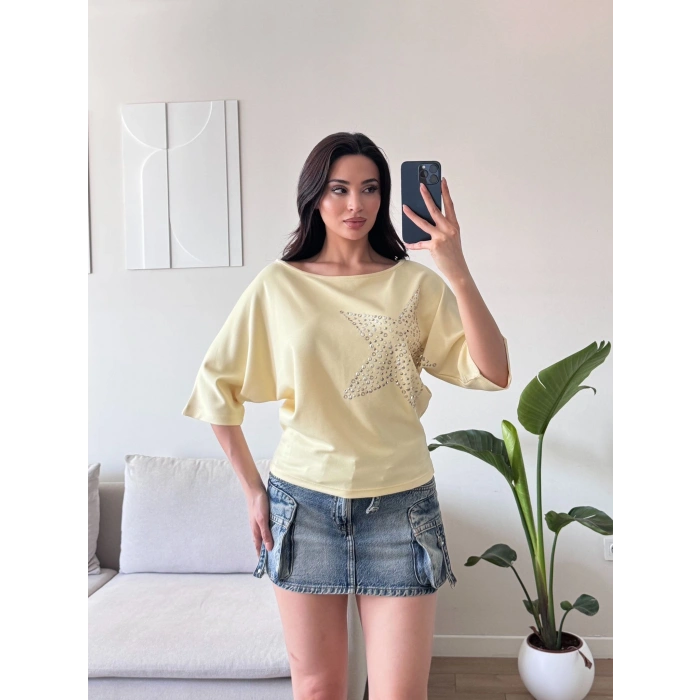 Yıldız Detay Kayık Yaka Bluz - SARI