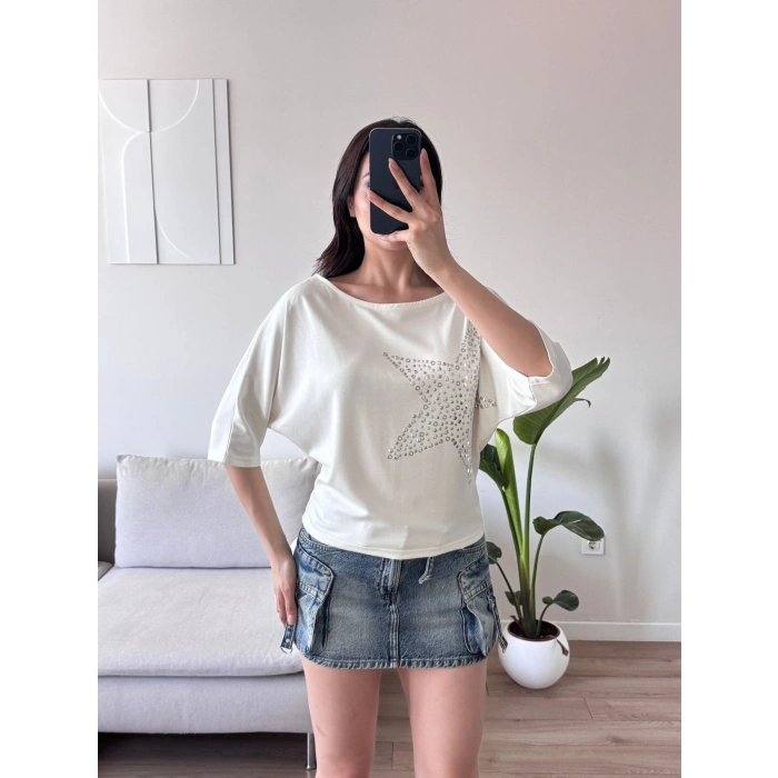 Yıldız Detay Kayık Yaka Bluz - BEYAZ
