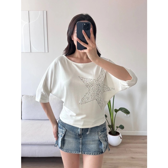 Yıldız Detay Kayık Yaka Bluz - BEYAZ