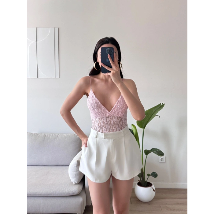Askılı Dantel Bodysuit - PEMBE