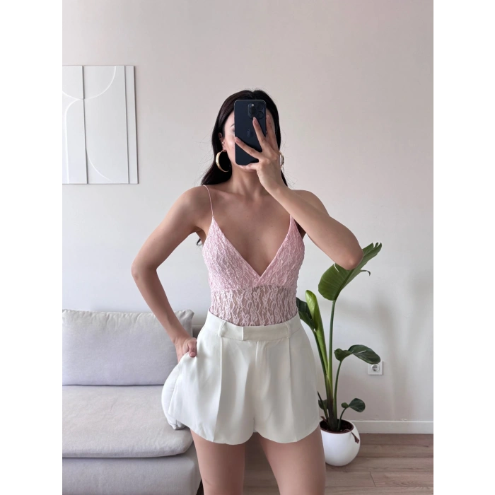 Askılı Dantel Bodysuit - PEMBE