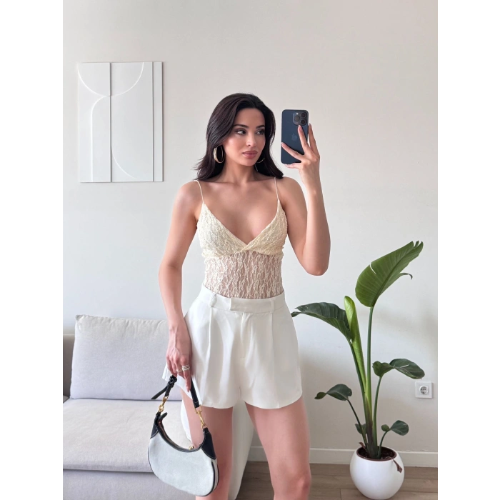 Askılı Dantel Bodysuit - EKRU