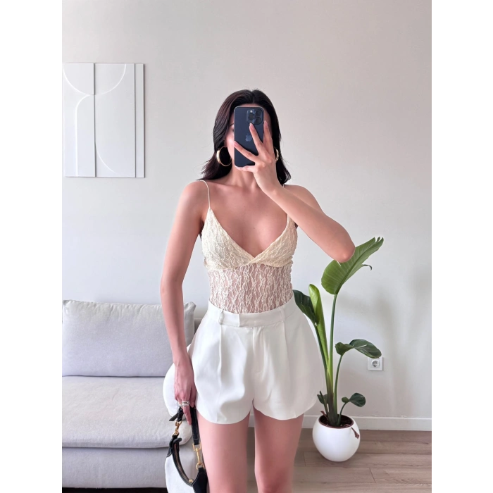 Askılı Dantel Bodysuit - EKRU