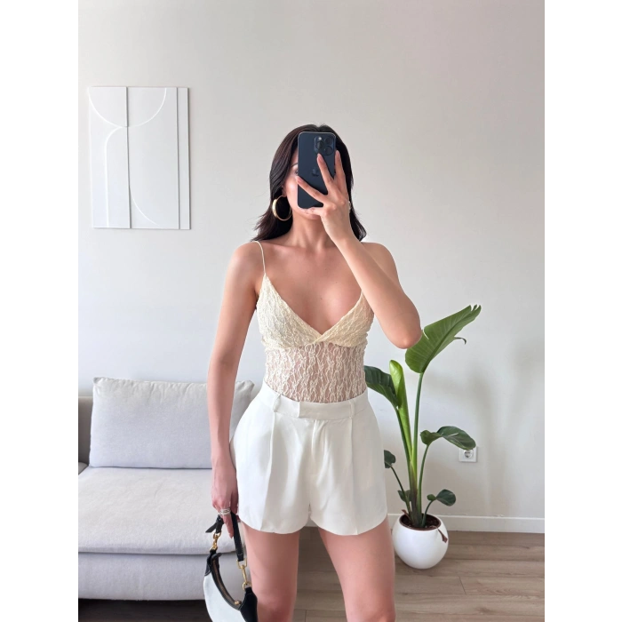Askılı Dantel Bodysuit - EKRU