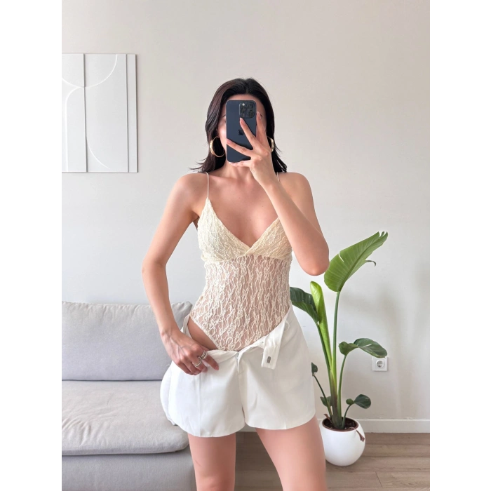 Askılı Dantel Bodysuit - EKRU