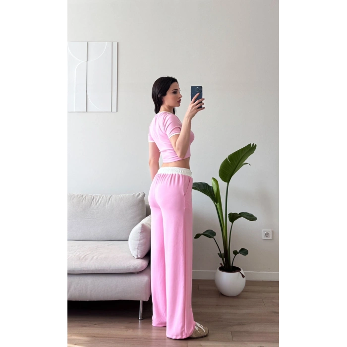 Biyeli Crop & Pantolon Takım - PEMBE
