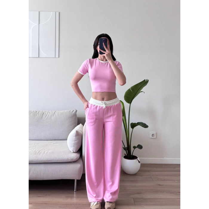 Biyeli Crop & Pantolon Takım - PEMBE