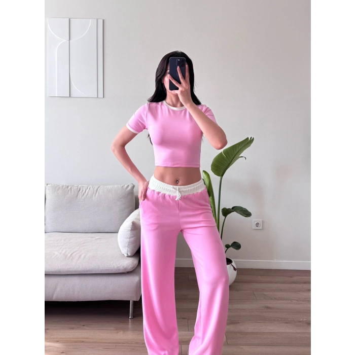 Biyeli Crop & Pantolon Takım - PEMBE