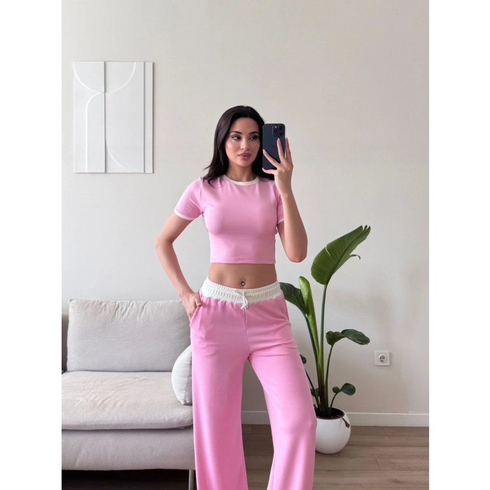 Biyeli Crop & Pantolon Takım - PEMBE