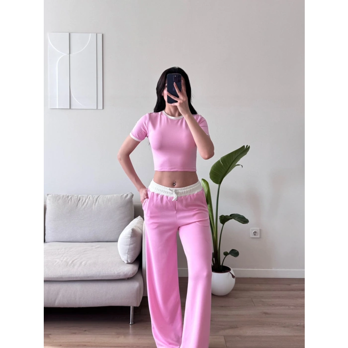 Biyeli Crop & Pantolon Takım - PEMBE