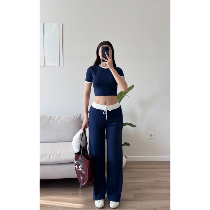 Biyeli Crop & Pantolon Takım - LACİVERT